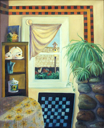 A painting of a corner table in a cafe.