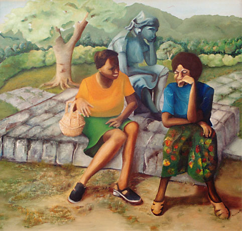 Painting of Jamaican women in front of a statue