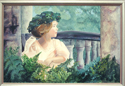 Painting named Laurel. A young girl with a wreath on her head.