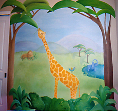 A mural painting of young wild African animals