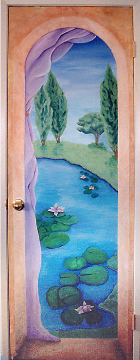 mural painting on a door with a scene  of  a  pond